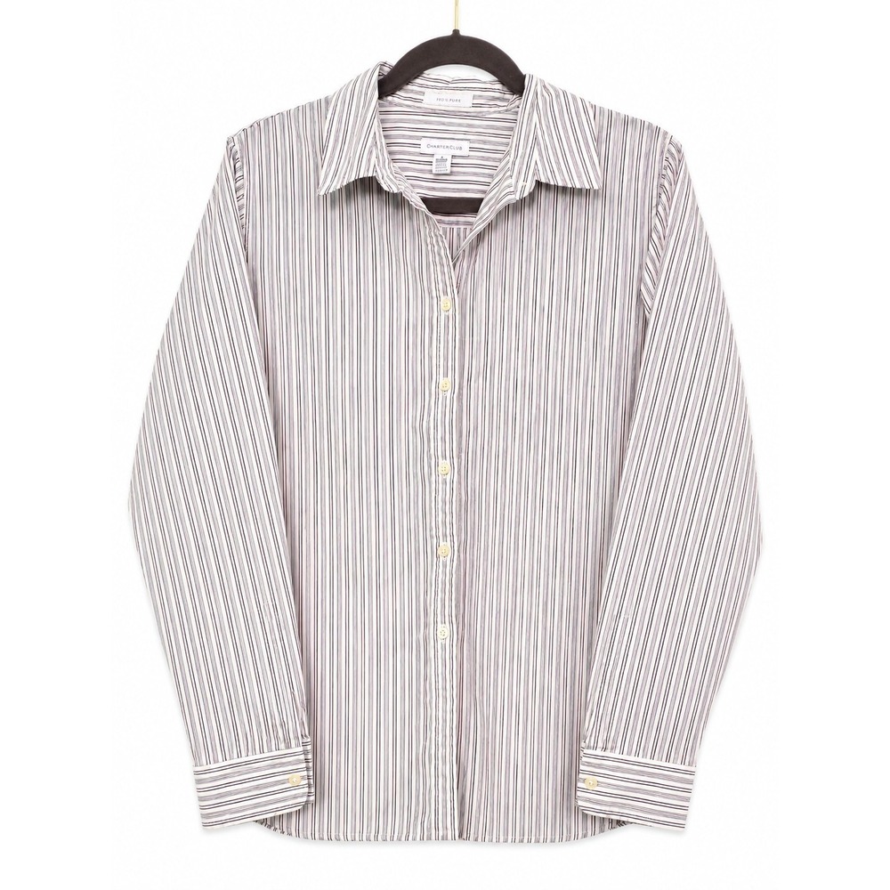Charter Club Iron Free 97% Cotton Striped Button Down Shirt Women's Long Sleeve